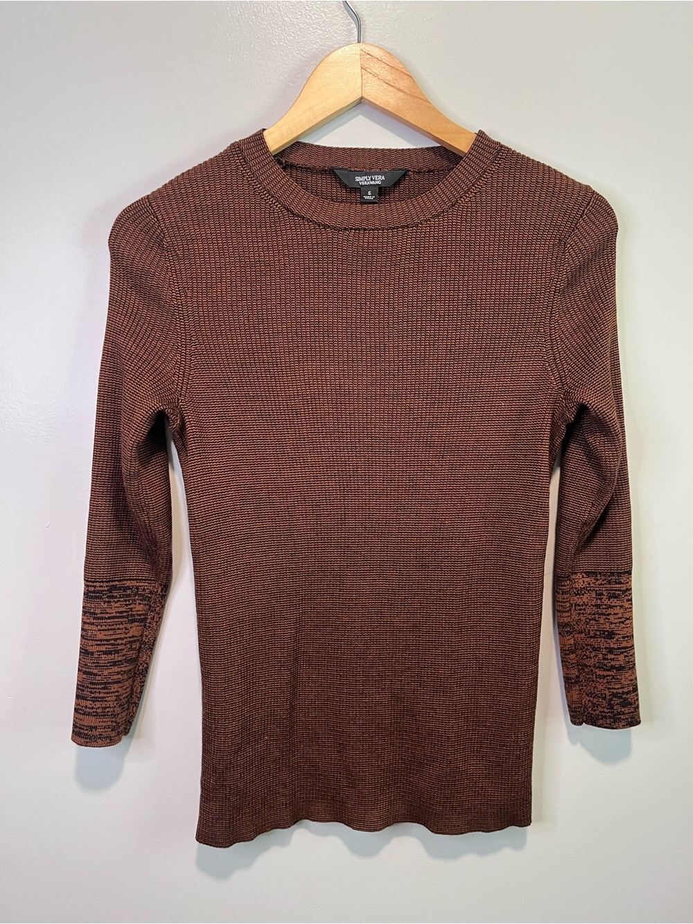 Simply Vera Vera Wang Women's Brown Amber Ribbed Long Sleeve top w/ Marled Cuffs